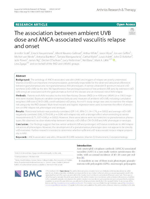 The association between ambient UVB dose and ANCA-associated vasculitis relapse and onset Thumbnail