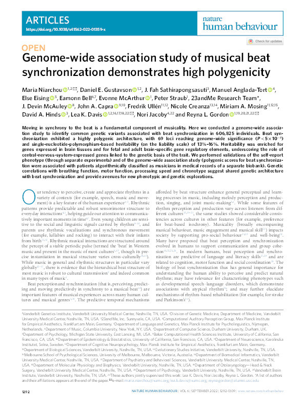 Genome-wide association study of musical beat synchronization demonstrates high polygenicity Thumbnail