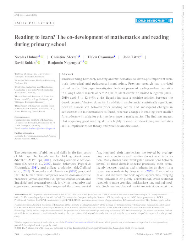 Reading to learn? The co‐development of mathematics and reading during primary school Thumbnail