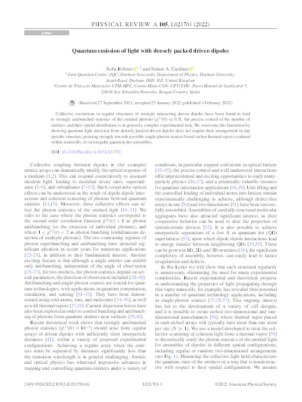 Quantum emission of light with densely packed driven dipoles Thumbnail