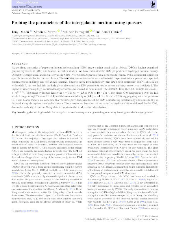 Probing the parameters of the intergalactic medium using quasars Thumbnail