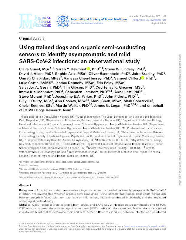 Using trained dogs and organic semi-conducting sensors to identify asymptomatic and mild SARS-CoV-2 infections: an observational study Thumbnail