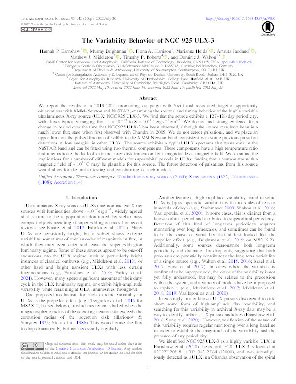 The variability behavior of NGC 925 ULX-3 Thumbnail