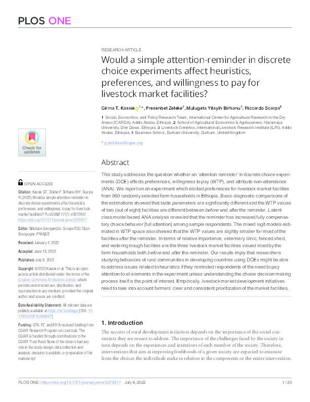 Would a simple attention-reminder in discrete choice experiments affect heuristics, preferences, and willingness to pay for livestock market facilities? Thumbnail