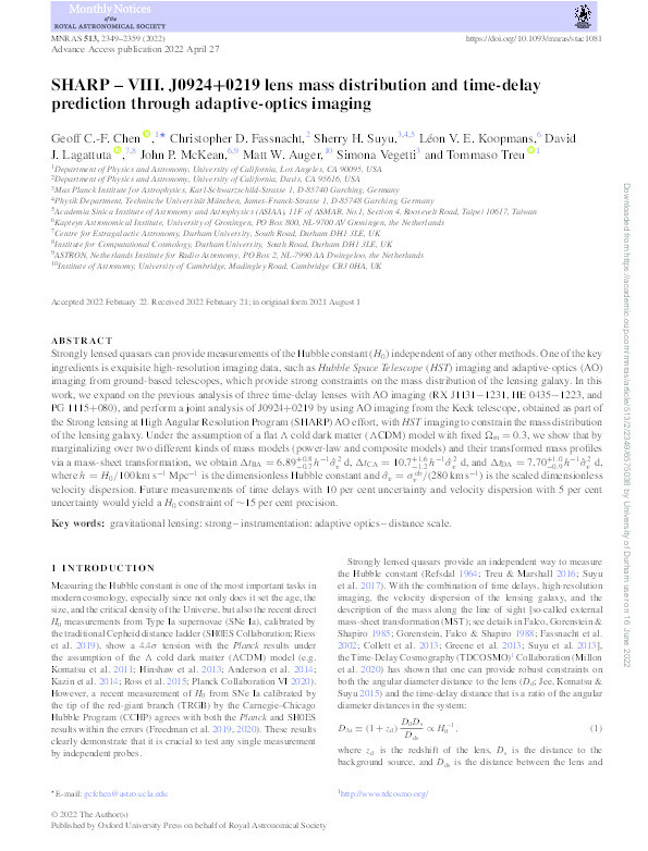 SHARP – VIII. J0924+0219 lens mass distribution and time-delay prediction through adaptive-optics imaging Thumbnail