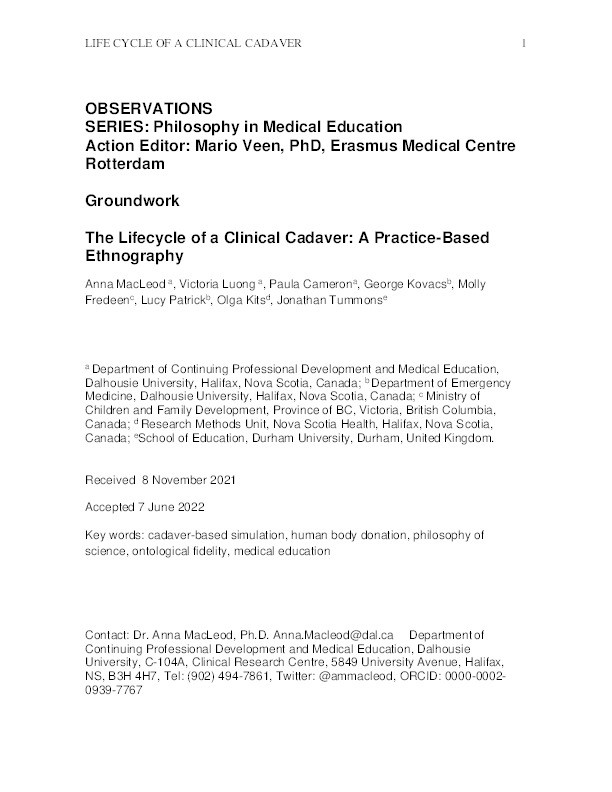 The Lifecycle of a Clinical Cadaver: A Practice-Based Ethnography Thumbnail