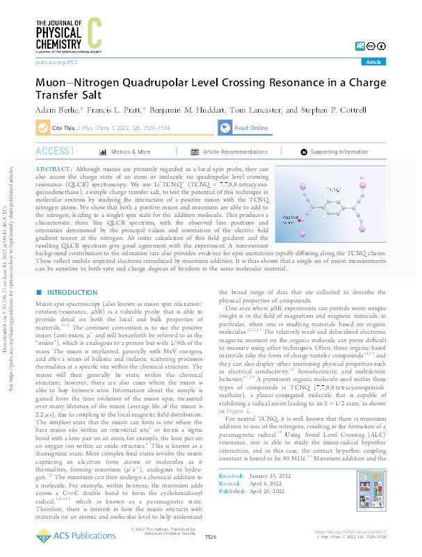 Muon-Nitrogen Quadrupolar Level Crossing Resonance in a Charge Transfer Salt Thumbnail