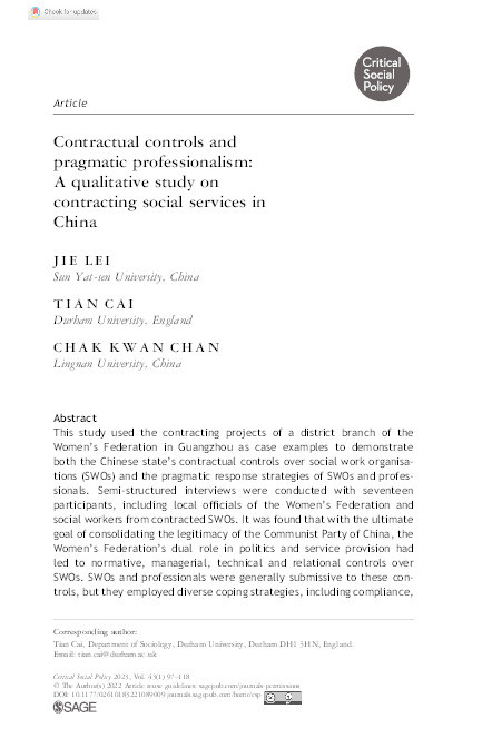 Contractual controls and pragmatic professionalism: A qualitative study on contracting social services in China Thumbnail