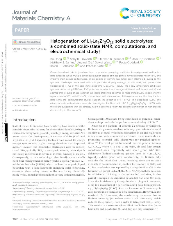 Halogenation of Li7La3Zr2O12 solid electrolytes: a combined solid-state NMR, computational and electrochemical study Thumbnail