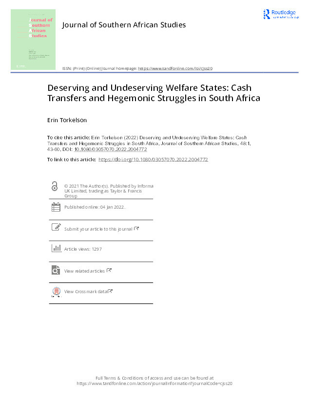 Deserving and Undeserving Welfare States: Cash Transfers and Hegemonic Struggles in South Africa Thumbnail