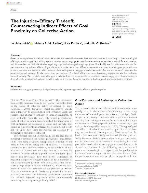 The Injustice–Efficacy Tradeoff: Counteracting Indirect Effects of Goal Proximity on Collective Action Thumbnail