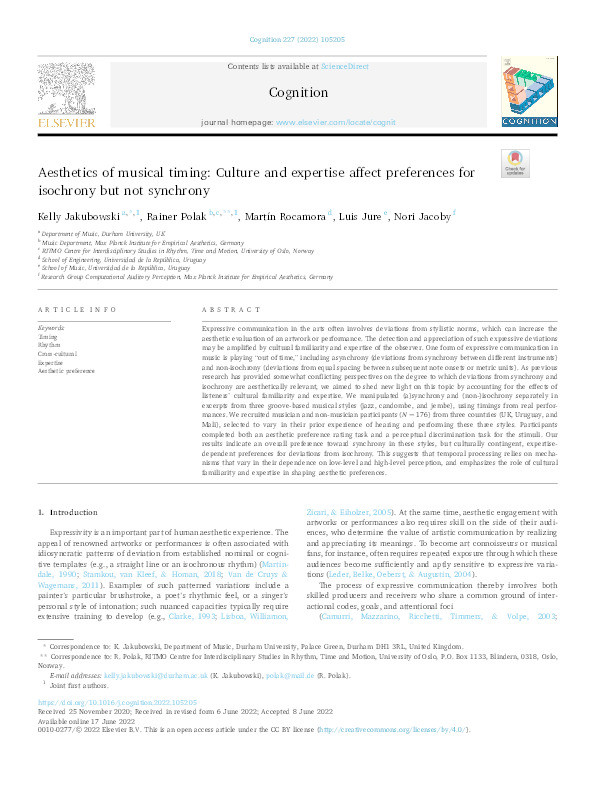 Aesthetics of musical timing: Culture and expertise affect preferences for isochrony but not synchrony Thumbnail