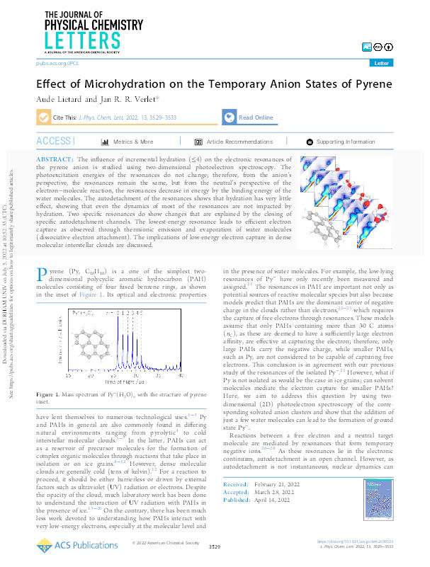 Effect of Microhydration on the Temporary Anion States of Pyrene Thumbnail