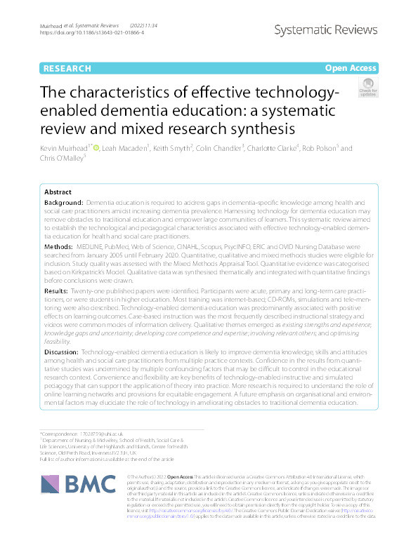 The characteristics of effective technology-enabled dementia education: a systematic review and mixed research synthesis Thumbnail