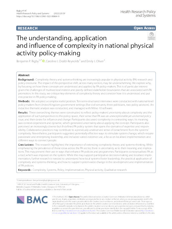 The understanding, application and influence of complexity in national physical activity policy-making Thumbnail