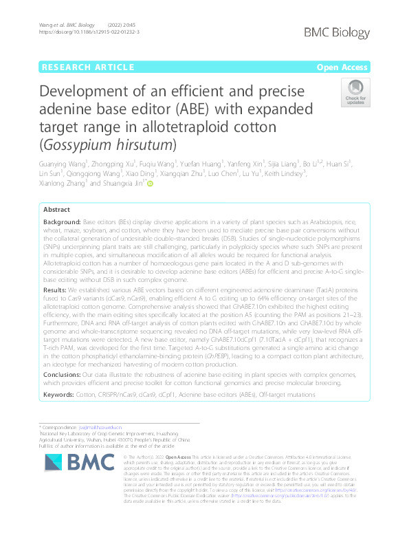 Development of an efficient and precise adenine base editor (ABE) with expanded target range in allotetraploid cotton (Gossypium hirsutum) Thumbnail