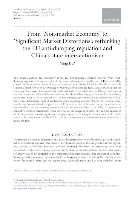 From ‘Non-market Economy’ to ‘Significant Market Distortions’: rethinking the EU anti-dumping regulation and China’s state interventionism Thumbnail