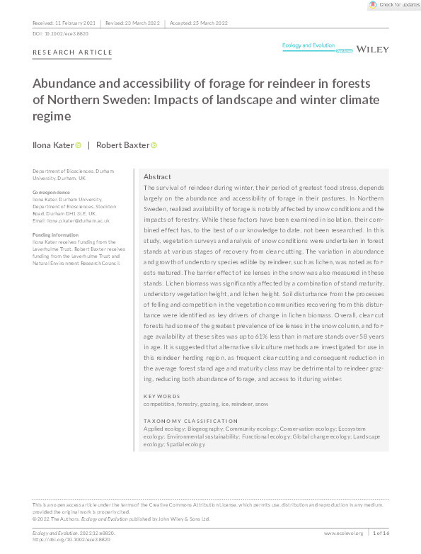 Abundance and accessibility of forage for reindeer in forests of Northern Sweden: Impacts of landscape and winter climate regime Thumbnail