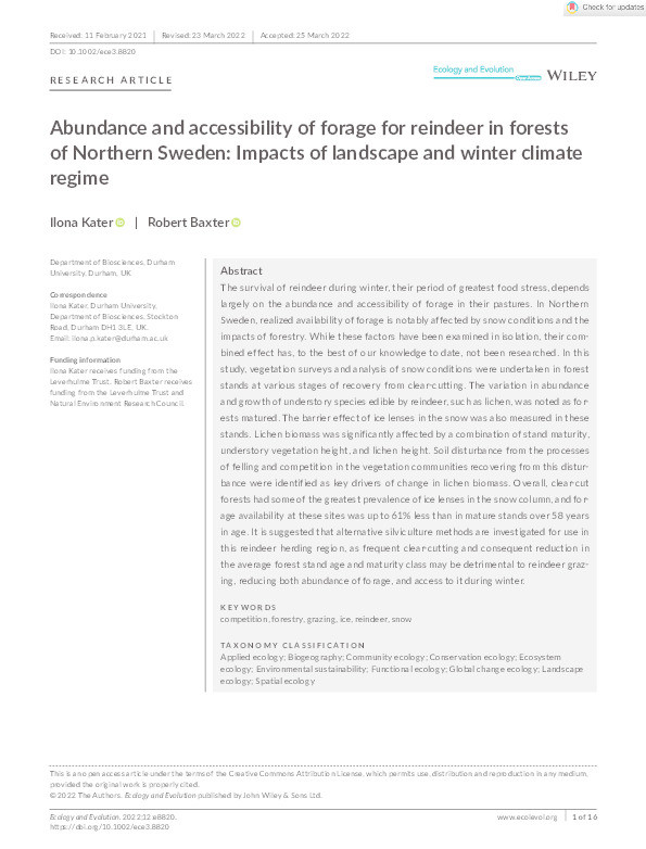 Abundance and accessibility of forage for reindeer in forests of Northern Sweden: Impacts of landscape and winter climate regime Thumbnail