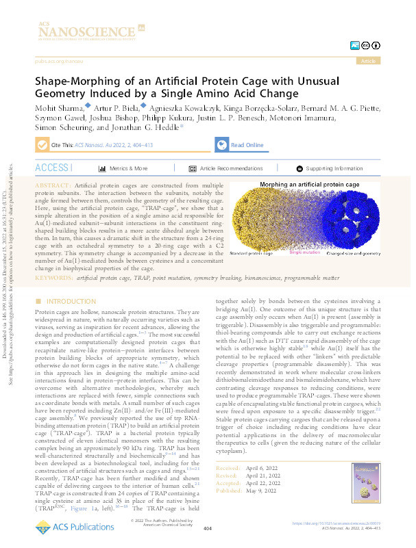Shape-Morphing of an Artificial Protein Cage with Unusual Geometry Induced by a Single Amino Acid Change Thumbnail