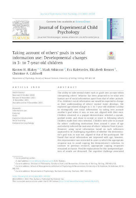 Taking account of others’ goals in social information use: Developmental changes in 3- to 7-year-old children Thumbnail