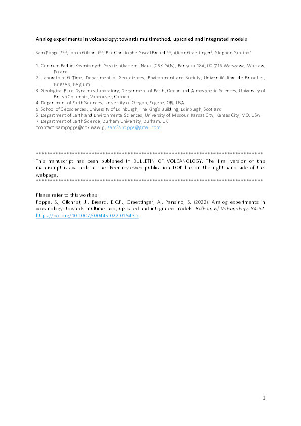 Analog experiments in volcanology: towards multimethod, upscaled, and integrated models Thumbnail