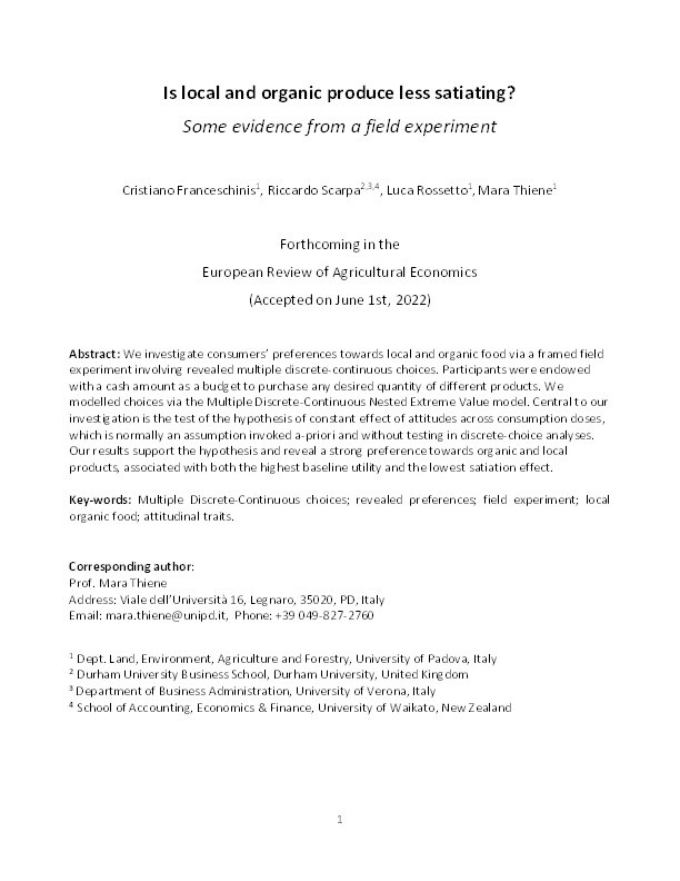 Is local and organic produce less satiating? Some evidence from a field experiment Thumbnail