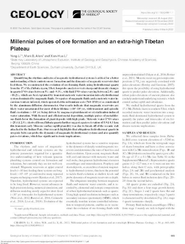 Millennial pulses of ore formation and an extra-high Tibetan Plateau Thumbnail