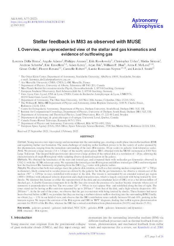 Stellar feedback in M83 as observed with MUSE: I. Overview, an unprecedented view of the stellar and gas kinematics and evidence of outflowing gas Thumbnail