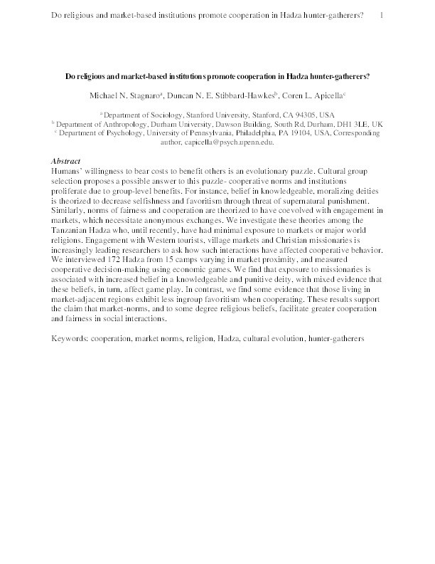 Do religious and market-based institutions promote cooperation in Hadza hunter-gatherers? Thumbnail