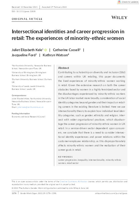 Intersectional identities and career progression in retail: The experiences of minority‐ethnic women Thumbnail