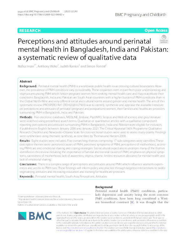 Perceptions and attitudes around perinatal mental health in Bangladesh, India and Pakistan: a systematic review of qualitative data Thumbnail