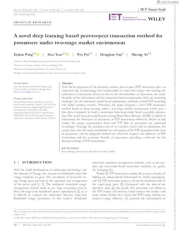 A novel deep learning based peer‐to‐peer transaction method for prosumers under two‐stage market environment Thumbnail