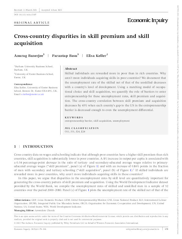 Cross-country Disparities in Skill Premium and Skill Acquisition Thumbnail