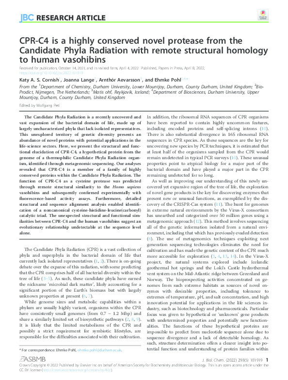 CPR-C4 is a highly conserved novel protease from the Candidate Phyla Radiation with remote structural homology to human vasohibins Thumbnail