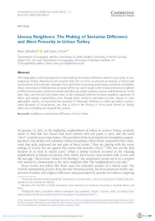 Uneasy Neighbors: The Making of Sectarian Difference and Alevi Precarity in Urban Turkey Thumbnail