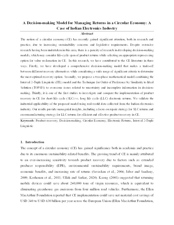 A model for managing returns in a circular economy context: A case study from the Indian electronics industry Thumbnail