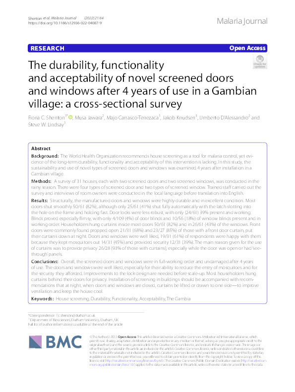 The durability, functionality and acceptability of novel screened doors and windows after 4 years of use in a Gambian village: a cross-sectional survey Thumbnail