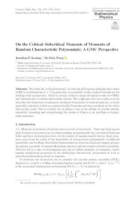 On the critical-subcritical moments of moments of random characteristic polynomials: a GMC perspective Thumbnail