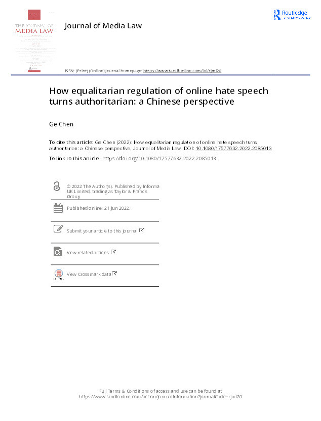 How Equalitarian Regulation of Online Hate Speech Turns Authoritarian: A Chinese Perspective Thumbnail
