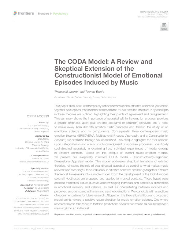 The CODA Model: A Review and Skeptical Extension of the Constructionist Model of Emotional Episodes Induced by Music Thumbnail