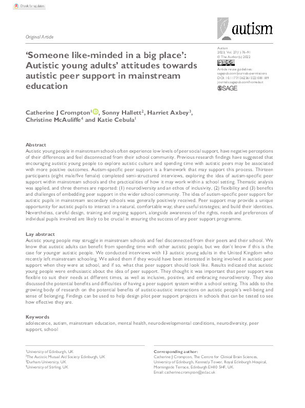 ‘Someone like-minded in a big place’: Autistic young adults’ attitudes towards autistic peer support in mainstream education Thumbnail