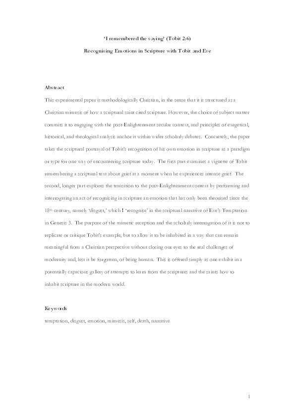 ‘I remembered the saying’ (Tobit 2:6) Recognising Emotions in Scripture with Tobit and Eve Thumbnail