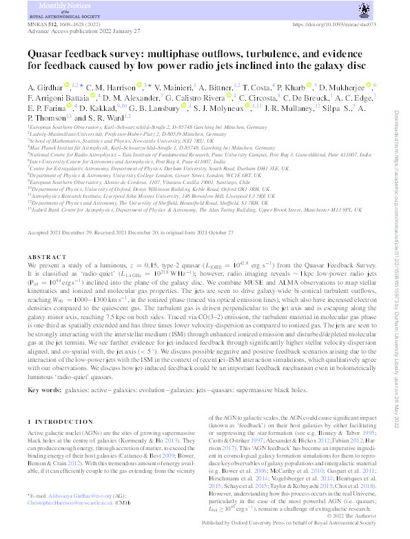 Quasar feedback survey: multiphase outflows, turbulence, and evidence for feedback caused by low power radio jets inclined into the galaxy disc Thumbnail