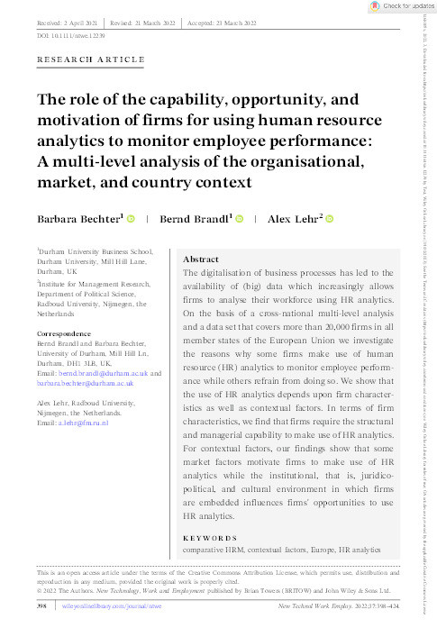 The role of the capability, opportunity, and motivation of firms for using human resource analytics to monitor employee performance: A multi‐level analysis of the organisational, market, and country context Thumbnail