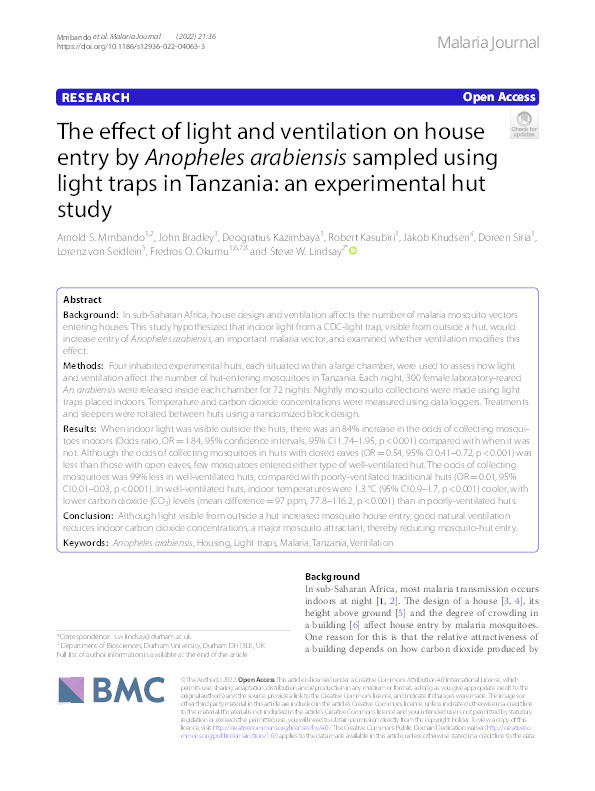 The effect of light and ventilation on house entry by Anopheles arabiensis sampled using light traps in Tanzania: an experimental hut study Thumbnail