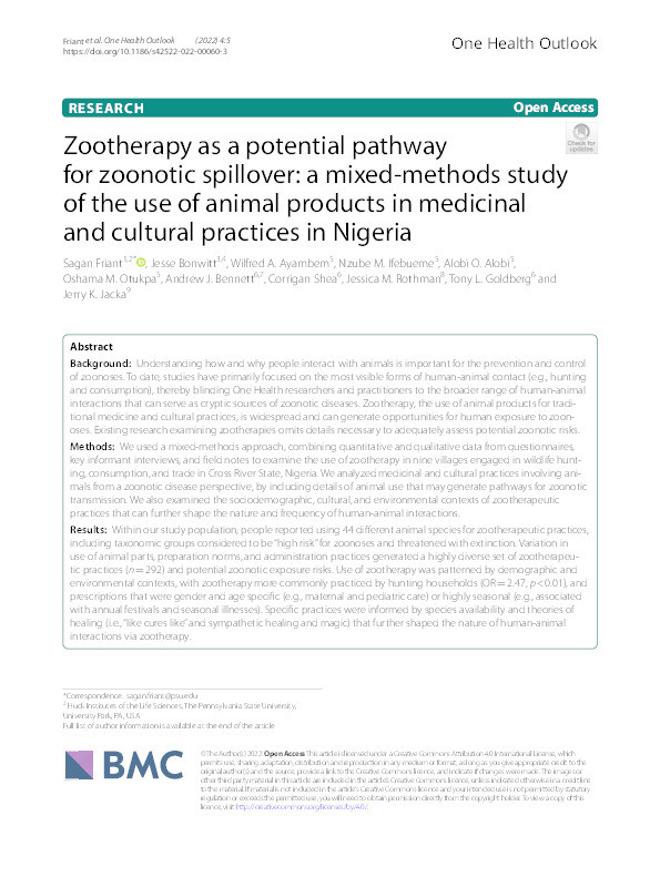 Zootherapy as a potential pathway for zoonotic spillover: a mixed-methods study of the use of animal products in medicinal and cultural practices in Nigeria Thumbnail