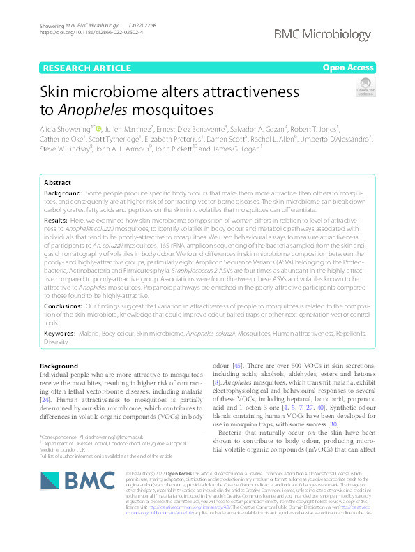 Skin microbiome alters attractiveness to Anopheles mosquitoes Thumbnail