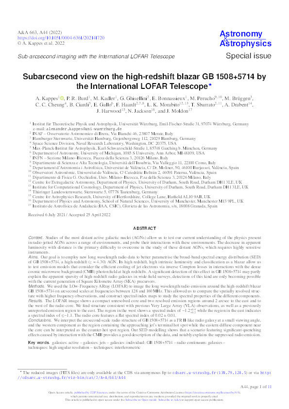 Subarcsecond view on the high-redshift blazar GB 1508+5714 by the International LOFAR Telescope Thumbnail