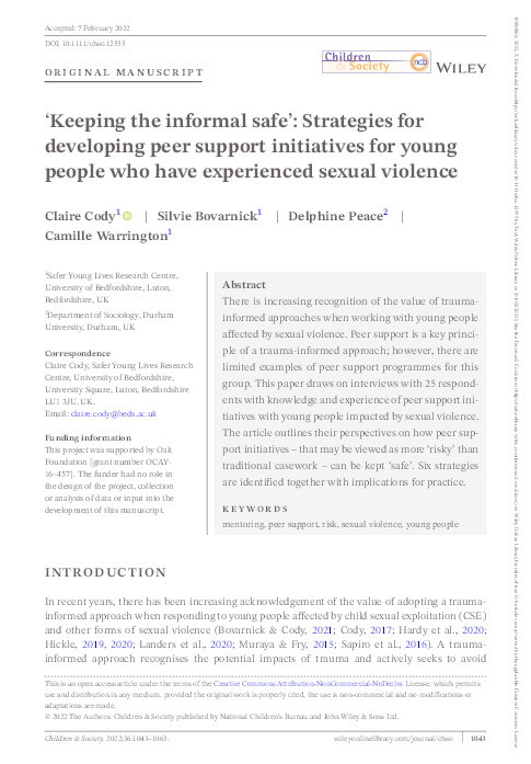 ‘Keeping the informal safe’: Strategies for developing peer support initiatives for young people who have experienced sexual violence Thumbnail
